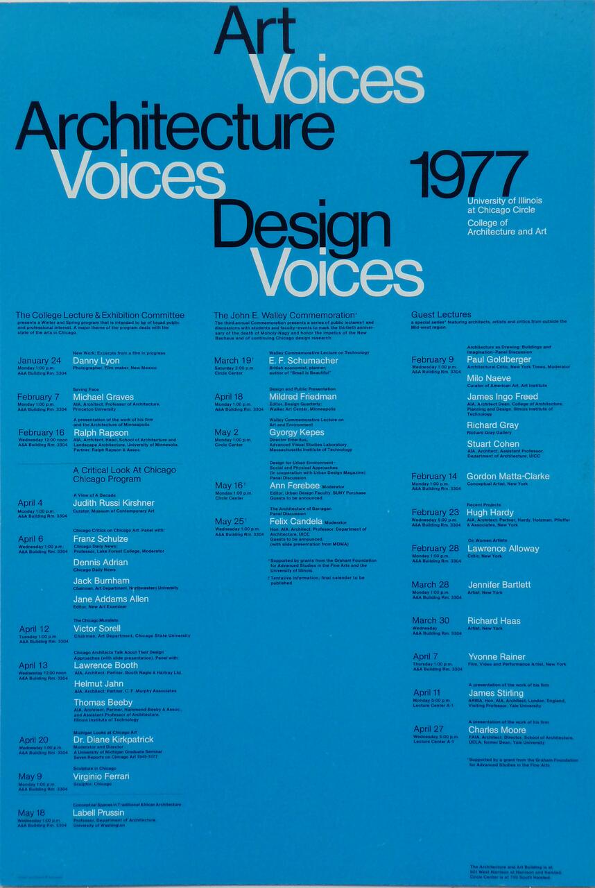 Art, Architecture, and Design Voices poster, 1977, featuring a list of lecture dates and speakers at the University of Illinois at Chicago Circle. Blue background with varying font sizes in black and white text.