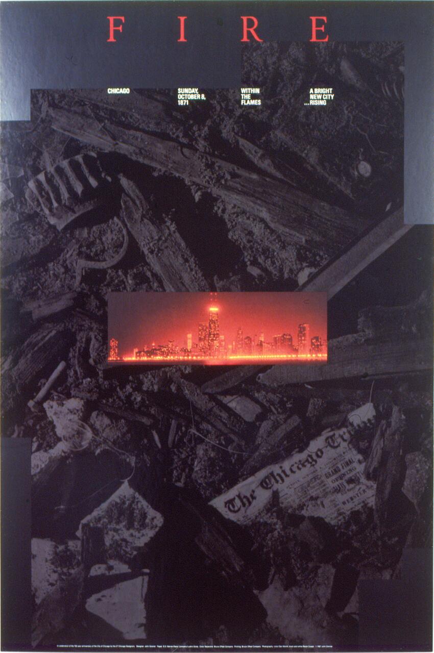 Charred debris with a glowing red silhouette of the Chicago skyline above. Ruined objects and a scorched newspaper are visible, evoking the aftermath of the Great Chicago Fire of 1871. Photographic collage with a dark, dramatic tone.