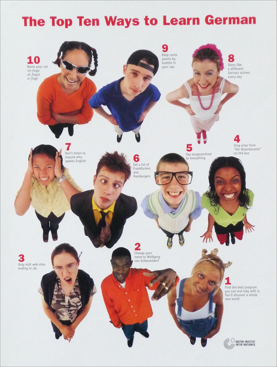 Top view of ten people standing in a circle, each with a humorous tip on learning German. They show diverse expressions and styles, with text detailing each tip in a playful manner. Multicolored outfits and cheerful ambiance.