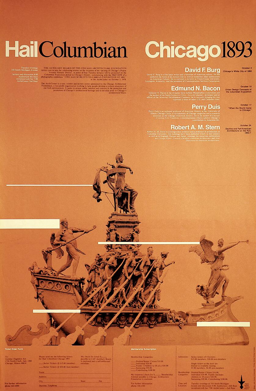 Bronze-colored poster with text about a Chicago event in 1893, titled "Hail Columbian Chicago 1893." Features a sepia-toned photo of a classical sculpture group on a ship, depicting mythological figures in dynamic poses.