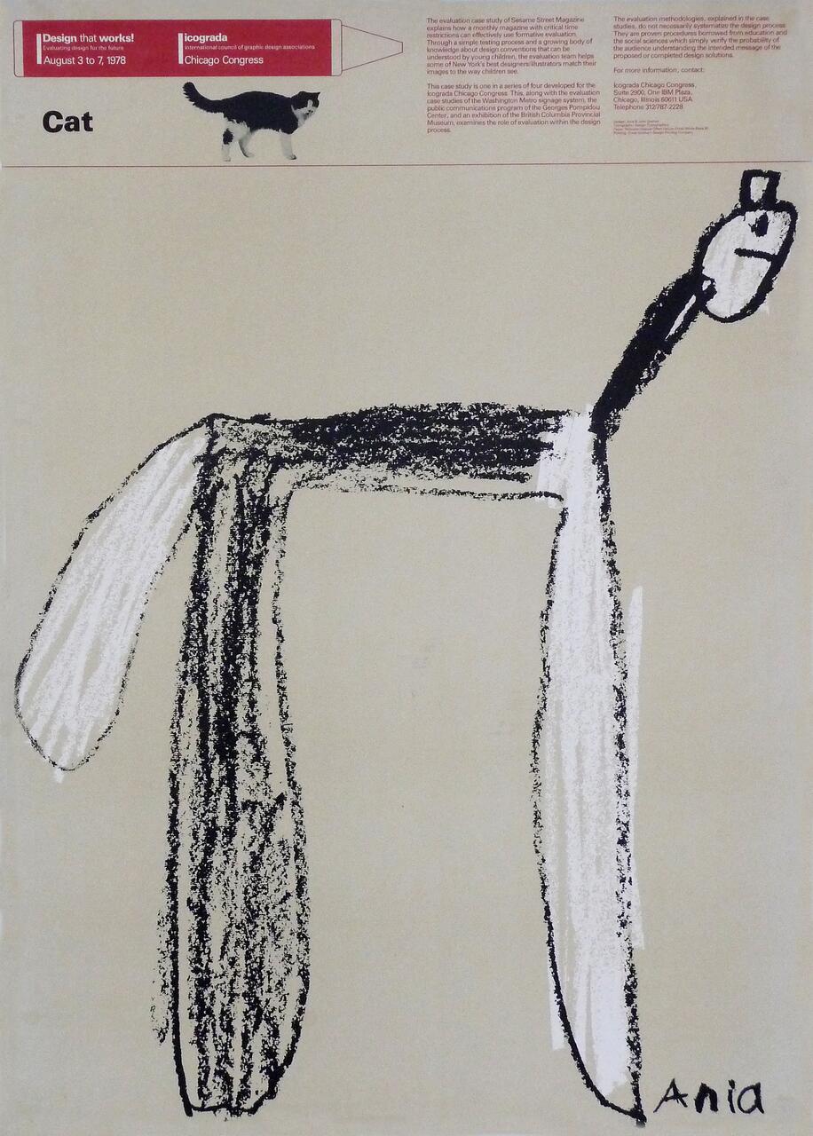 Crayon drawing of a cat with elongated body and legs, set against a light beige background. A realistic cat photo and text complete the design. "Ania" is signed at the bottom right.