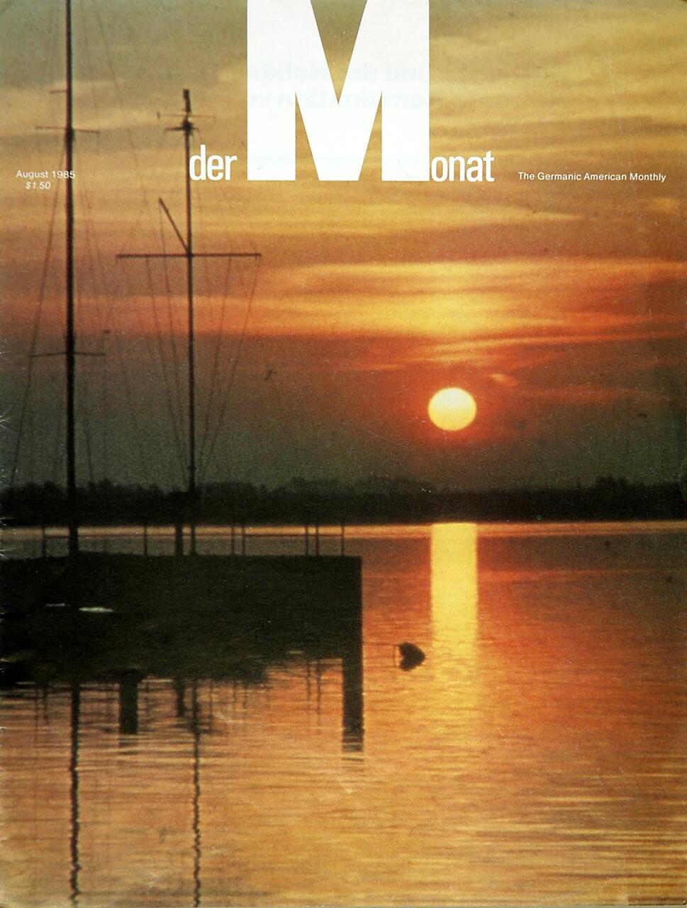 Sunset over a calm harbor, silhouettes of sailboat masts and docks, with a warm orange and yellow sky reflecting on the water's surface.
