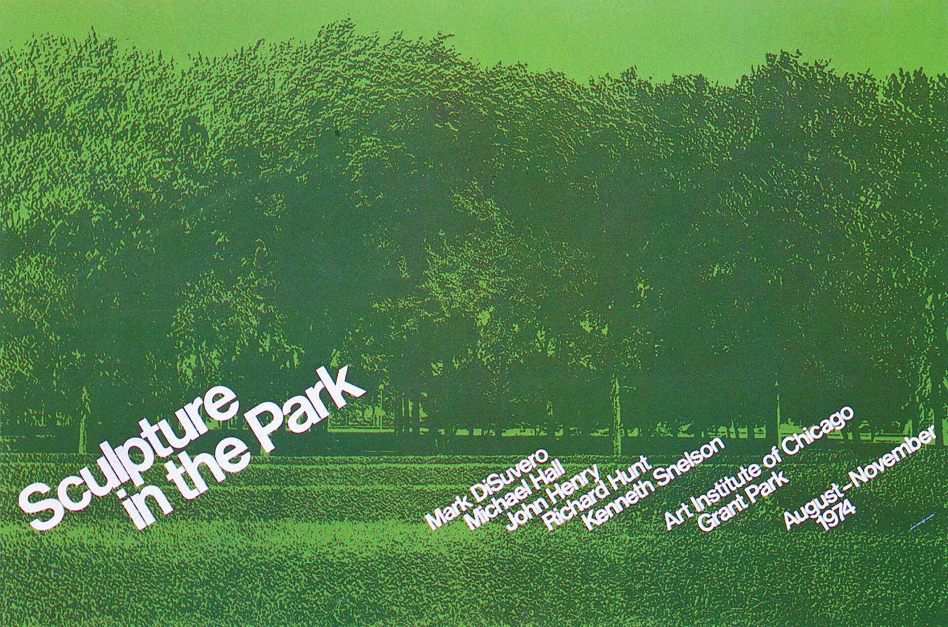Green-tinted poster featuring stylized trees with diagonal white text reading "Sculpture in the Park," followed by names of artists and event details, placed on a grassy park background.
