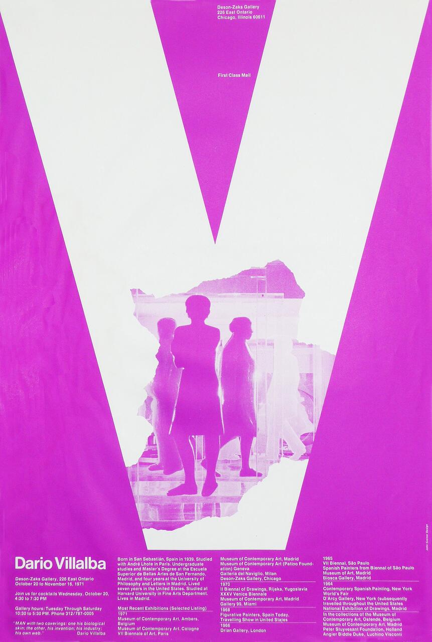 Purple and white poster with a large letter "V" and silhouettes of people walking in the background. Texts are present, highlighting the Dario Villalba exhibition at Deson-Zaks Gallery, Chicago, in 1977.