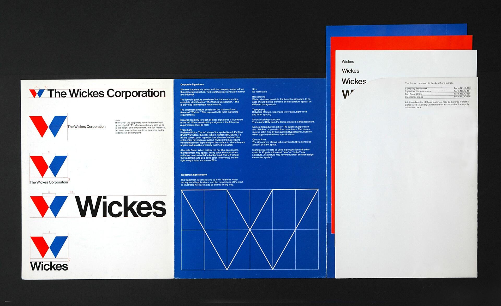 Brand design booklet featuring "Wickes" logos in red and blue on a white background, detailed guidelines in blue and white text, and geometric logo construction. Various page layouts with instructions on corporate signature usage.