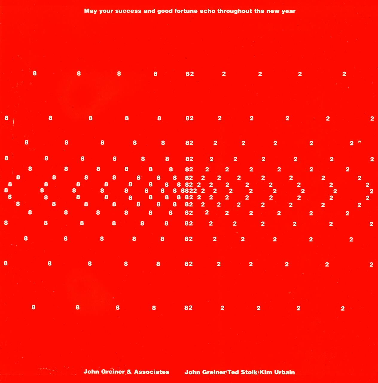 Red background with an arrangement of white numbers "8" and "2" creating a symmetrical wave pattern.