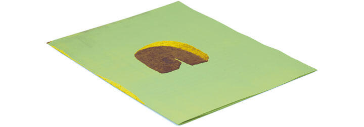 Green square paper with a brown and yellow abstract shape in the center.