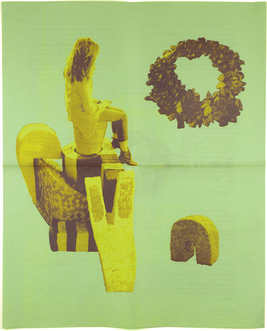 Collage with a woman sitting on yellow abstract shapes, alongside a wreath of leaves and another yellow object on a green background.