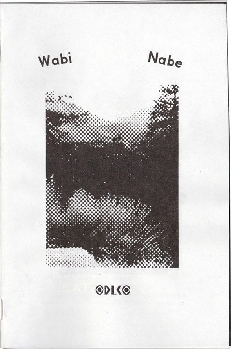 Grayscale halftone photograph of an abstract landscape with trees and water, surrounded by text in a stylized font.