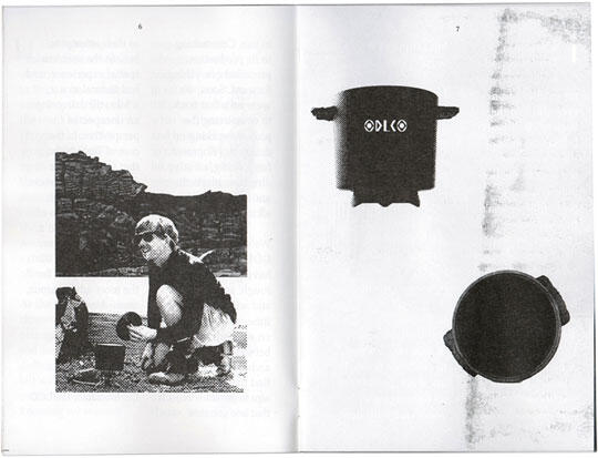 A child crouches outdoors, playing with a round object, with rocky hills in the background on the left page. On the right page, there is a black silhouette of a pot with a logo reading "ODILO" on it.