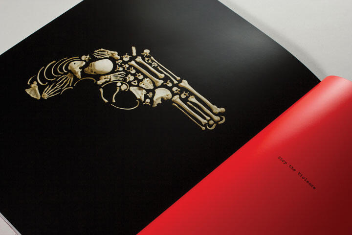Gun-shaped arrangement of bones on a black background, with a red page on the right.