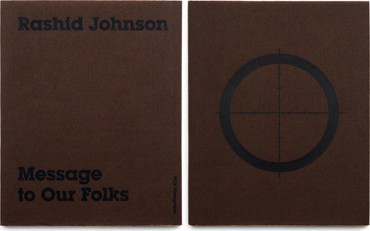 Brown book cover with black text "Rashid Johnson, Message to Our Folks" on the left. A crosshair symbol is featured on the right.