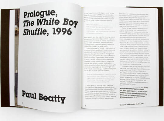Open book displaying the prologue of "The White Boy Shuffle" by Paul Beatty, published in 1996. The left page shows the title and author in bold text, while the right page contains text from the prologue.