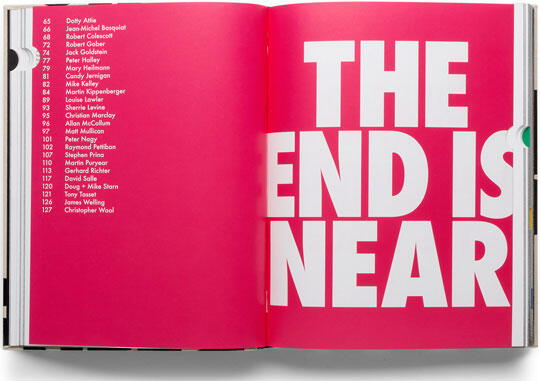 Open book with a bright pink page on the left listing artist names and page numbers. The right page boldly displays the text "THE END IS NEAR" in large white letters.