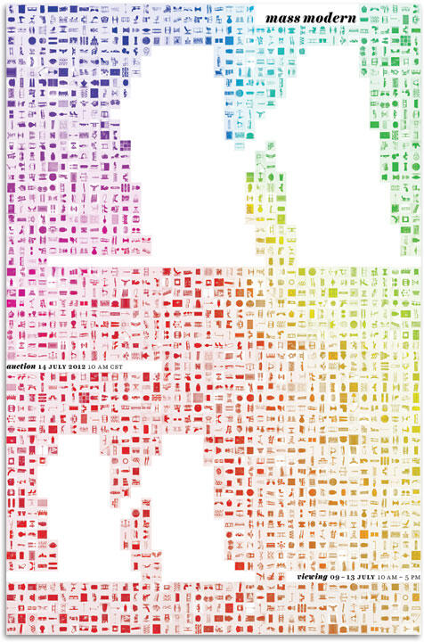 Colorful grid poster with overlapping white silhouettes resembling furniture pieces. The grid is filled with small icons of various furniture and objects in gradient shades of purple, blue, green, yellow, orange, and red. Text includes dates and times for a viewing and auction.