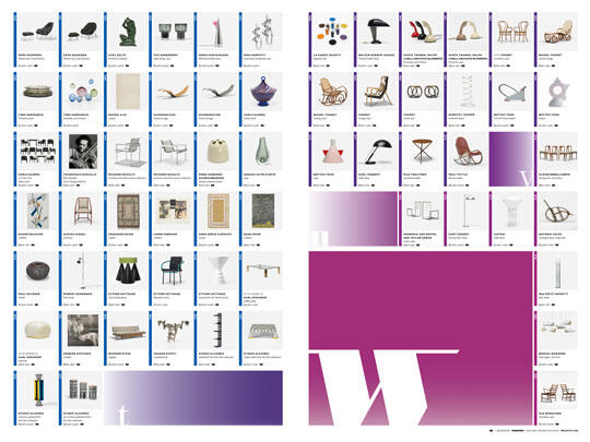A magazine spread featuring a grid of small images of various modern furniture and decorative items with text captions below. The right side has a large pink and purple gradient area with abstract shapes and large letters.