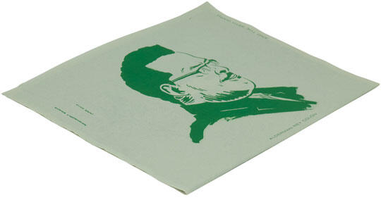 A green, square poster featuring a side profile illustration of a person with glasses, facing right, on a light background.