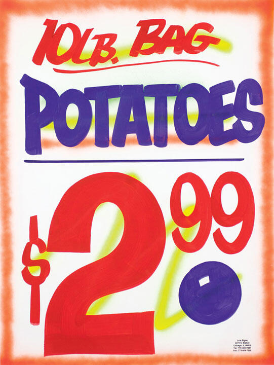 Colorful poster advertising a 10 lb. bag of potatoes for $2.99, with bold red and blue letters.