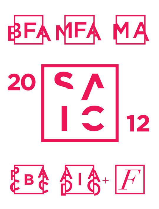 Bold, geometric red letters and numbers arranged in a modern design pattern, with large "SAIC" in a central square and smaller elements like "BFA MFA MA" and "2012" surrounding it.