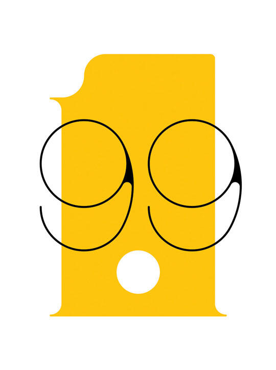 Yellow graphic resembling a stylized face with the number "99" as eyes and a circular mouth.