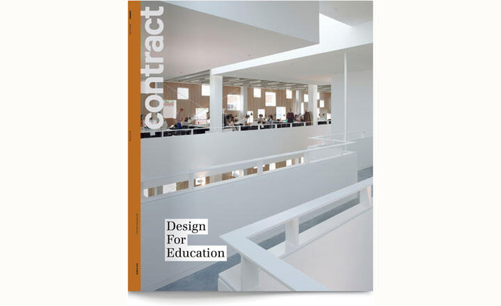 Magazine cover titled "contract" featuring a modern, spacious interior with white walls and large windows illuminating people working at desks. Text reads "Design For Education."