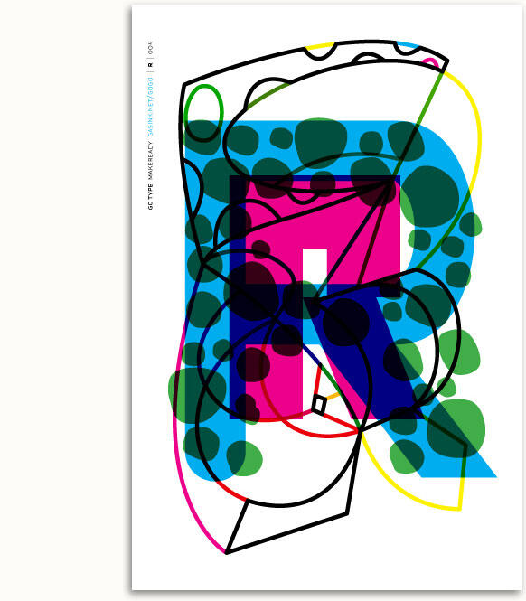 Abstract graphic featuring an overlapping letter "R" with colorful geometric shapes and circles in blue, pink, green, and black.