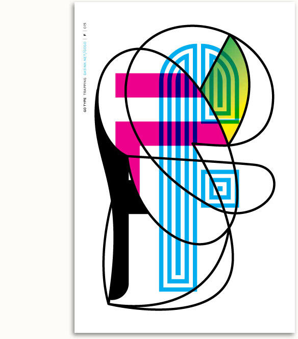 Abstract graphic design with overlapping geometric shapes in vibrant colors including magenta, cyan, black, and yellow, forming artistic letterforms on a white background.