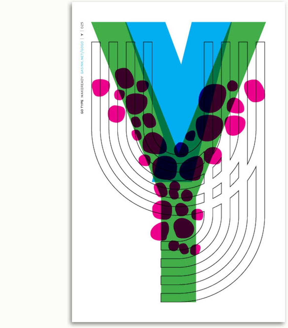 Bold graphic design featuring a large letter “Y” in blue and green, accented with purple and pink dots. Curved black lines extend from the letter, creating a dynamic pattern on a white background.