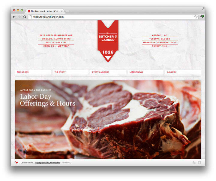 Website screenshot for a butcher shop featuring a close-up photo of fresh meat, contact details, opening hours, and menu options.