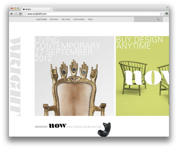 A webpage showcasing a golden ornate chair with hand-shaped accents on the backrest, and two green chairs on a yellow background. Text overlays the images, with a minimalist design.