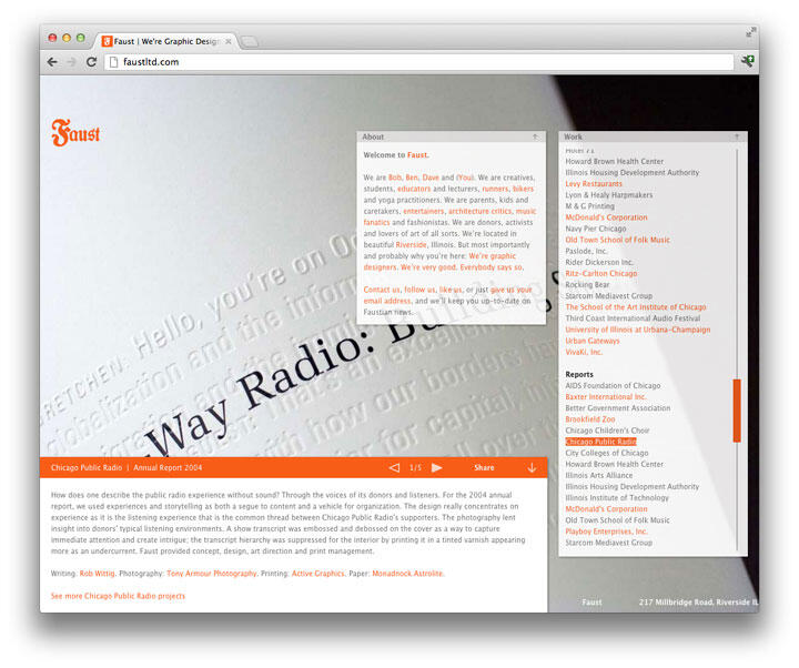 Website showcasing graphic design work for Faust. The page displays a blurred background with text about a radio report, and sections titled "About" and "Work" listing team members, jobs, and clients. The logo and navigation menu are prominent.