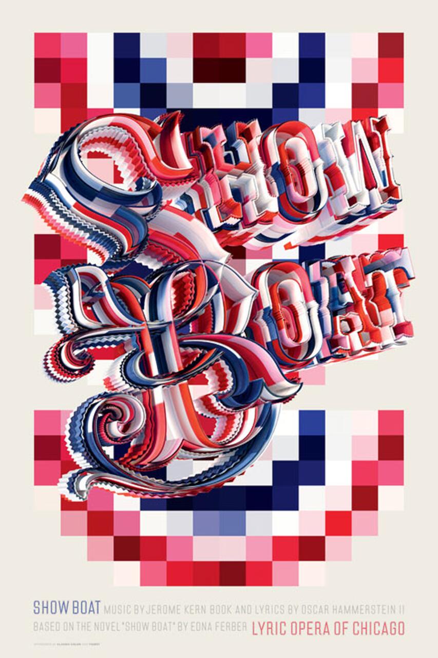Colorful, ornate 3D text reading "Show Boat" in red, white, and blue with pixelated background; promotional artwork for Lyric Opera of Chicago.