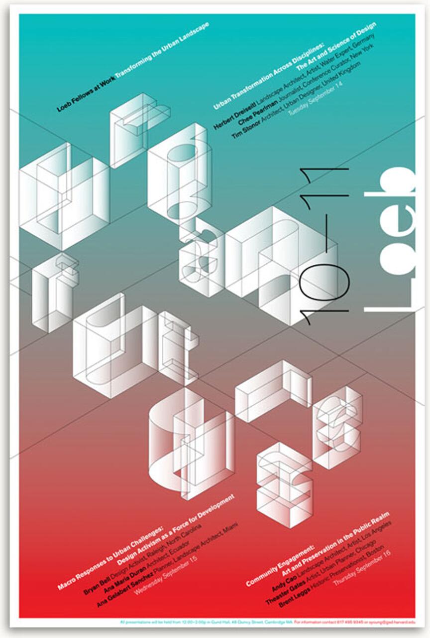 Geometric graphic poster with 3D block letters spelling "Loeb" against a gradient turquoise to red background. Text detailing speakers and events runs diagonally across the design.