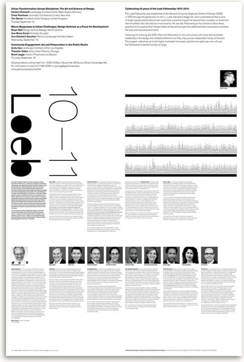 Graphic poster for the Loeb Fellowship 2010-2011 featuring text on urban transformation, and headshots with names of fellows at the bottom. Vertical "Loeb" text on the left with the number "10-11" beside it.