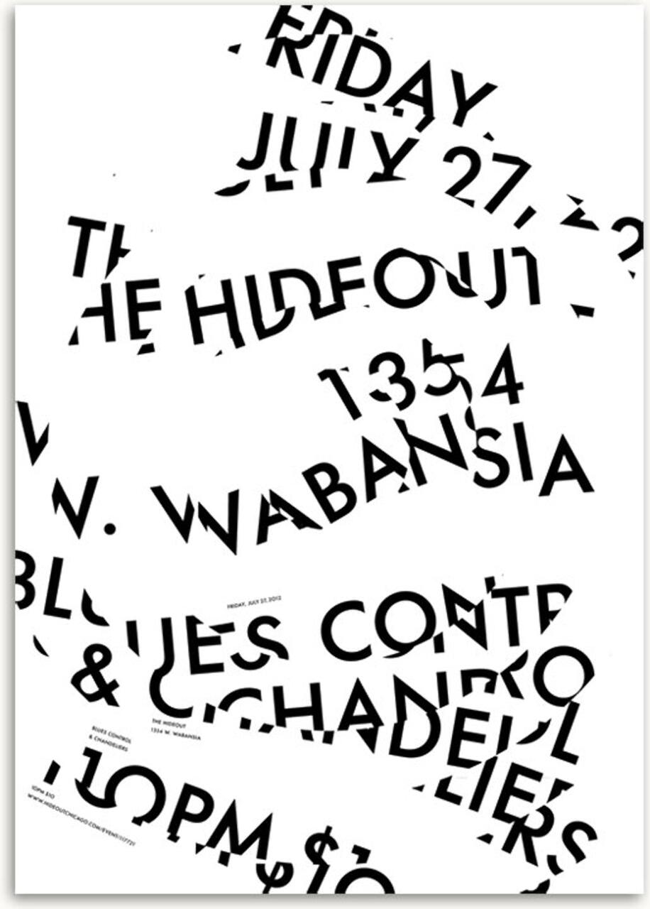 Swirling black text on white background with fragmented words including a date, venue name, and address. Chaotic and overlapping layout, appearing artistic and abstract.