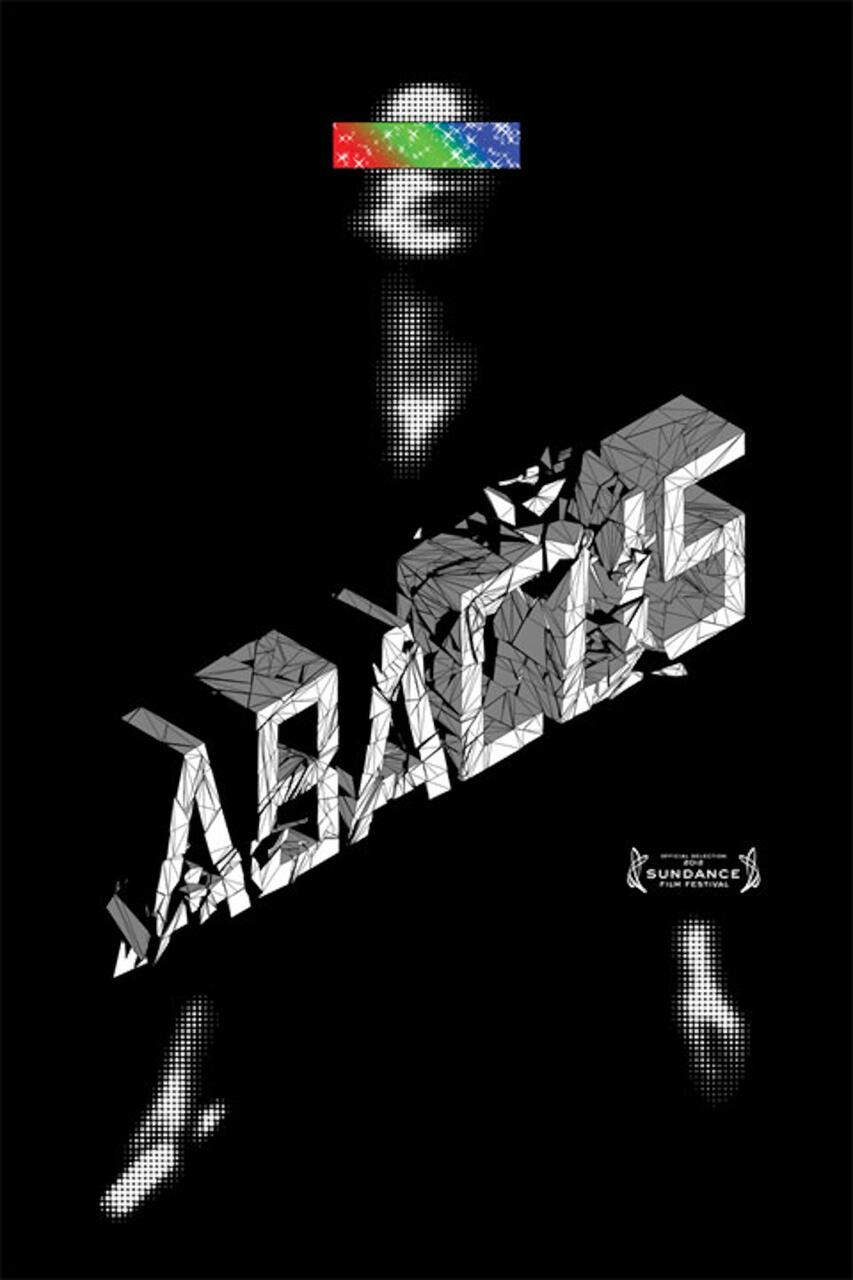 Abstract black-and-white graphic with a pixelated figure and colorful gradient bar covering its eyes. The word "ABACUS" appears in shattered lettering. Includes a Sundance Film Festival logo.