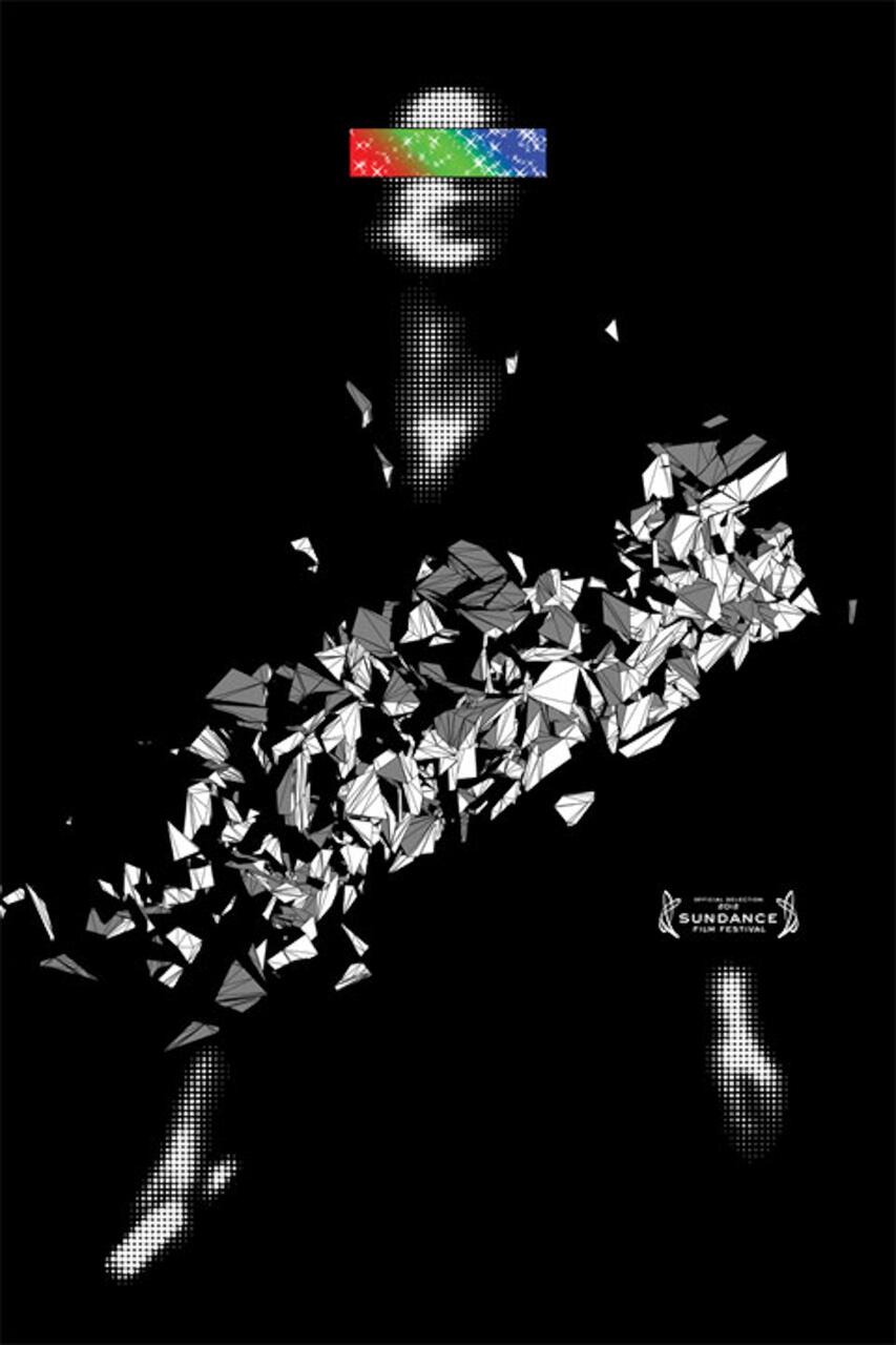 Abstract design of a person with a pixelated effect. The eyes are covered with a colorful bar, and the body appears fragmented into geometric shapes, set against a black background.