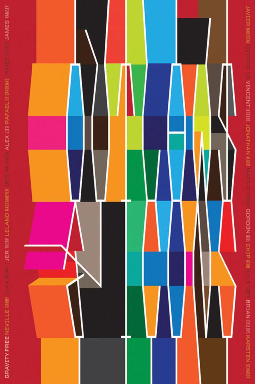 Abstract graphic with vibrant vertical and horizontal blocks of color in various shades like blue, orange, red, and green. White lines form abstract shapes, creating a modern, dynamic feel. Thin text lines the edges in a vertical orientation.