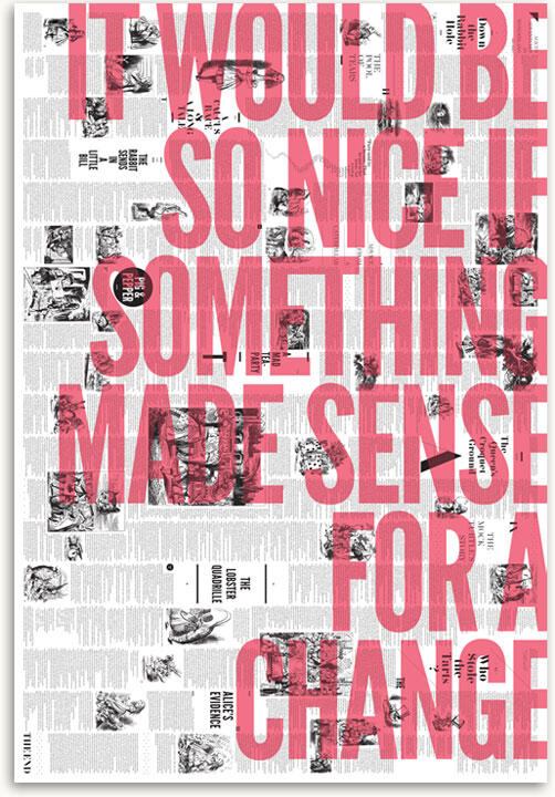 Bold red text overlaid on a collage of vintage book pages with illustrations, creating a juxtaposed artistic effect.