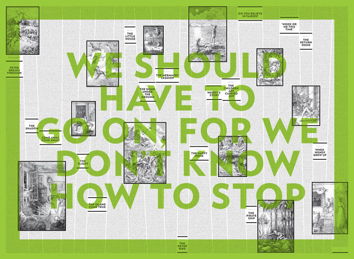 Large green text overlaying a background of small, black-and-white illustrations and text, saying "WE SHOULD HAVE TO GO ON, FOR WE DON'T KNOW HOW TO STOP," with illustrations of scenes and characters interspersed.