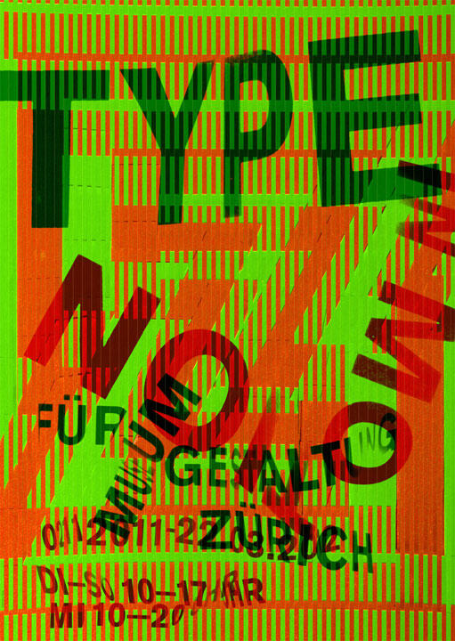 Bold green and red graphic poster with overlapping diagonal text in various sizes and orientations. The background features stripes creating a dynamic and layered visual effect.