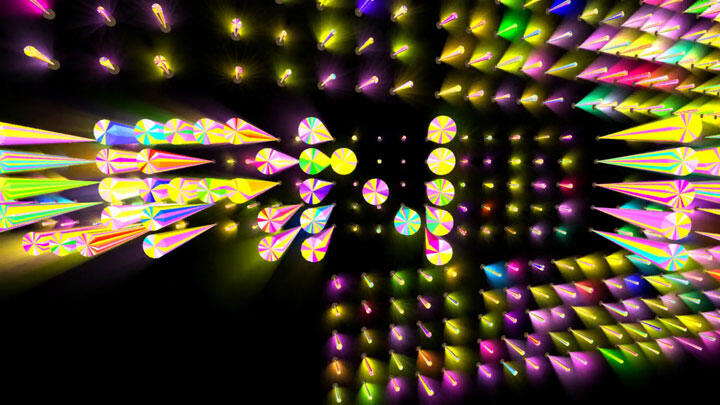 Abstract graphic featuring colorful neon cones and circles arranged in a 3D geometric pattern on a black background.