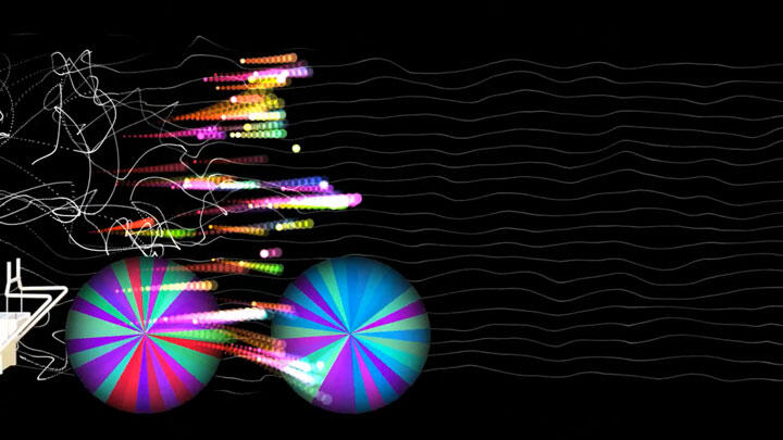 Abstract graphic with colorful, striped spheres and swirling multicolored lines on a black background. Wavy, white lines stretch across the right side, creating a dynamic and vibrant scene.