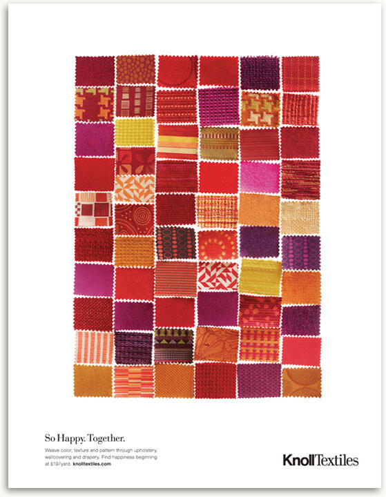 A grid of colorful textured fabric swatches in shades of red, pink, orange, and yellow, each with different patterns.