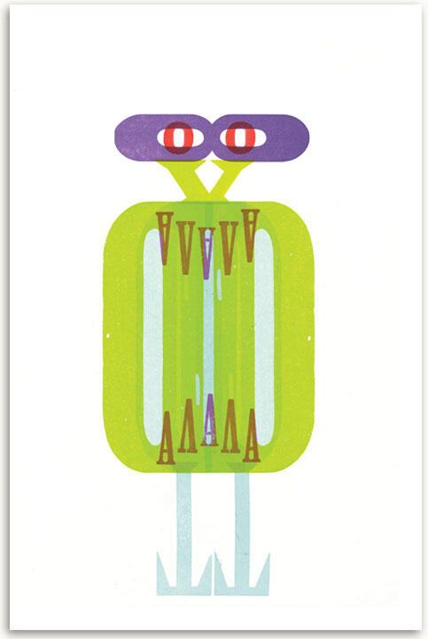 Colorful abstract graphic resembling a stylized bird with a green body, purple eyes, and a pattern of triangles.