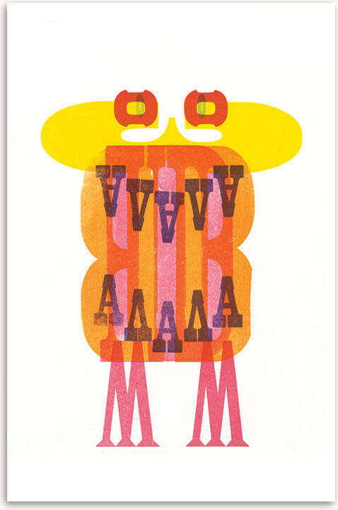 Stylized graphic of an abstract creature with a yellow head, red eyes, and a body made of overlapping V and A letters. The body features orange and red tones, with pink legs against a white background.