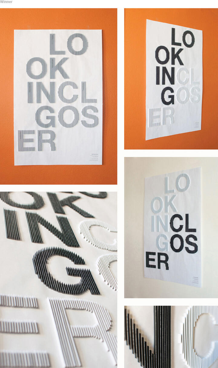 Typography poster with the text "LOOKING CLOSER" split across multiple lines in black and white on a white background. The letters are visually layered, casting subtle shadows, and the poster is displayed on an orange and white wall.
