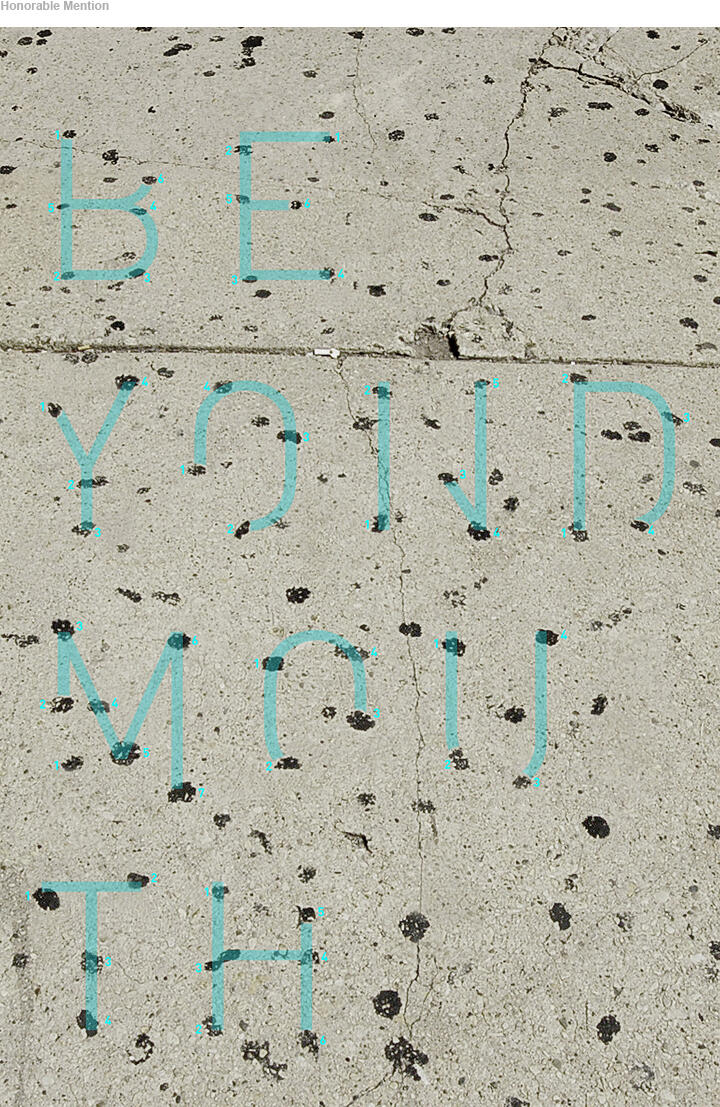 Cracked concrete sidewalk with teal letters spelling "BEYOND MOUTH" among scattered black spots.