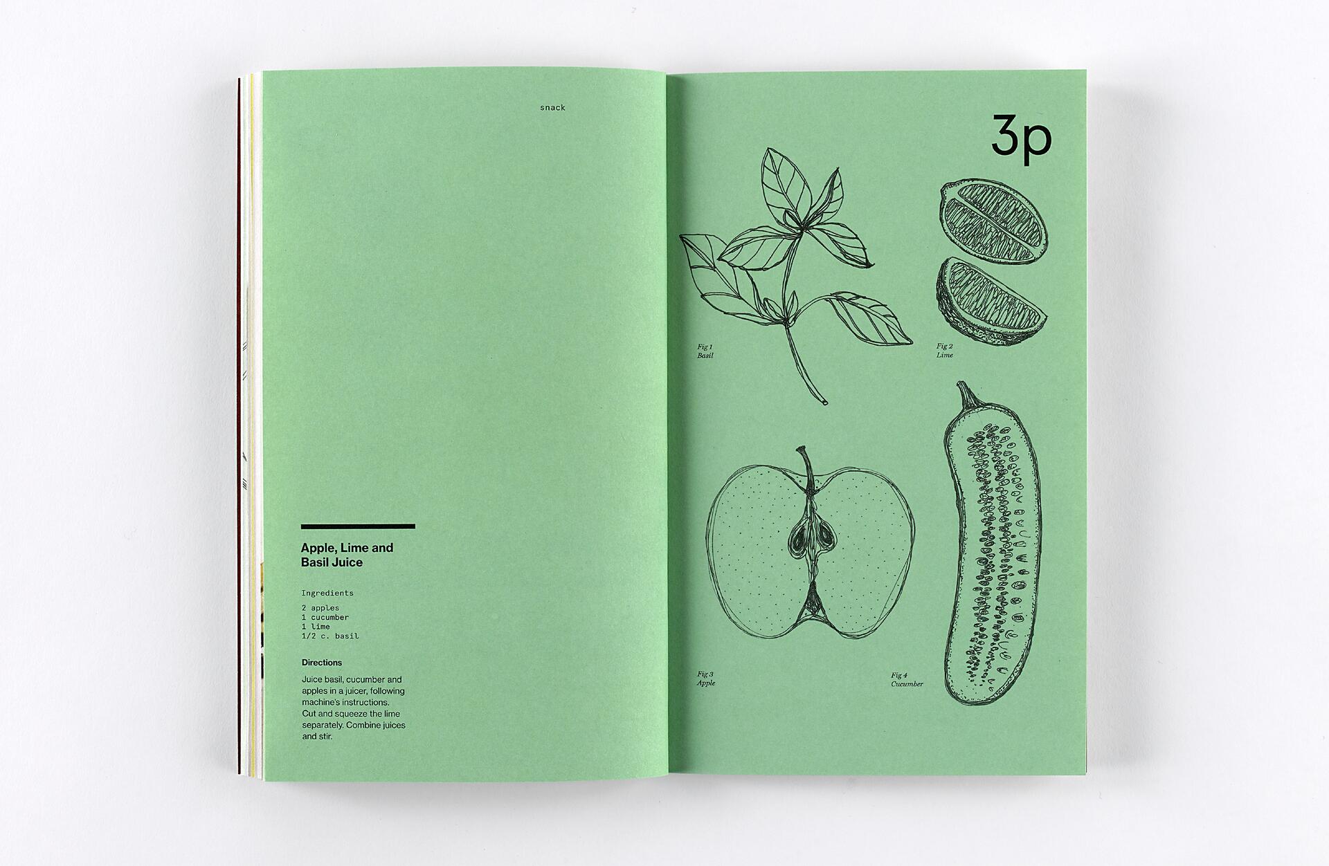 Open cookbook page with a recipe for apple, lime, and basil juice on a green background. Illustrations include basil leaves, lime halves, an apple, and a cucumber.