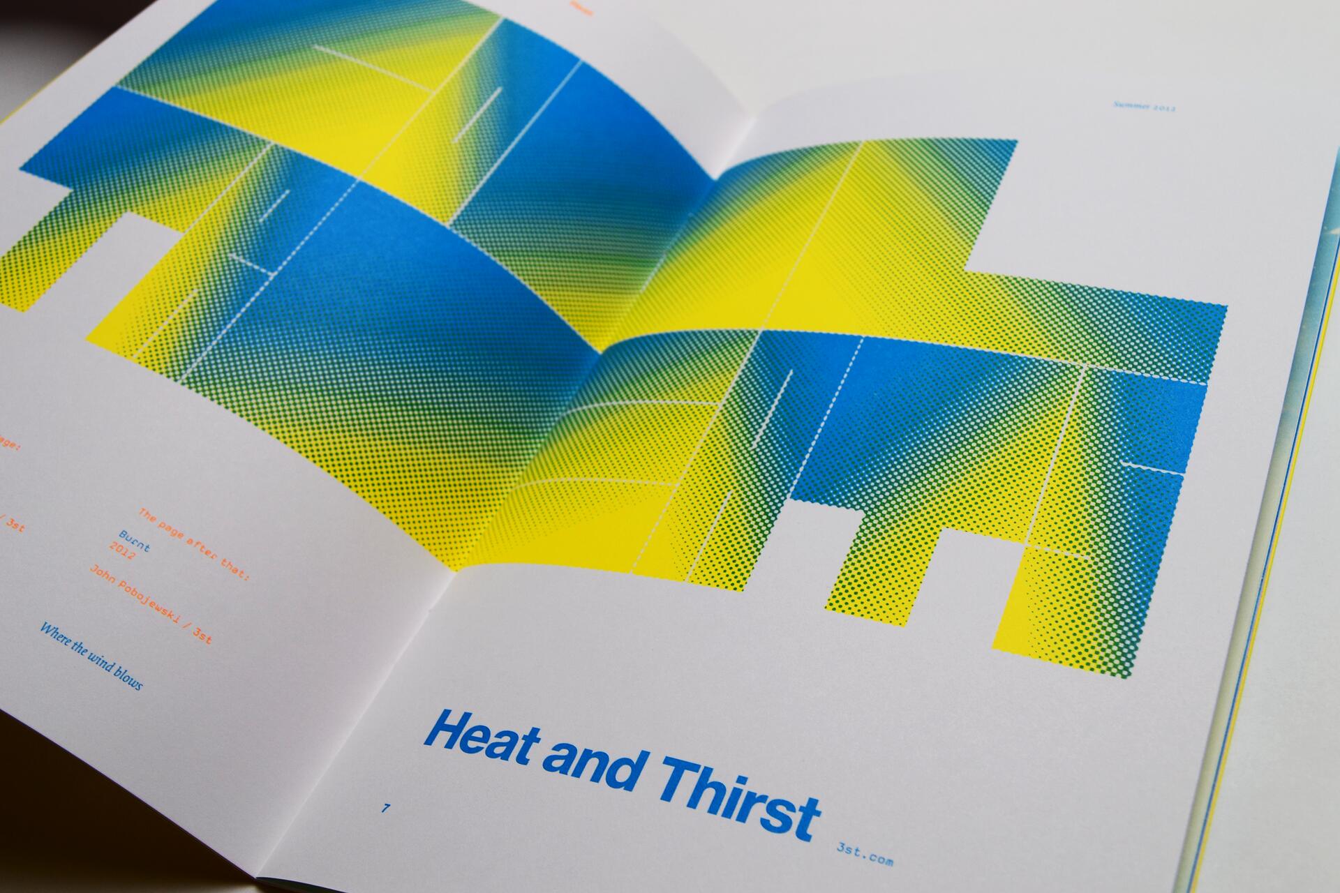 Open book with abstract blue, yellow, and green dot gradient design across two pages. Text reads "Heat and Thirst" in blue at the bottom.